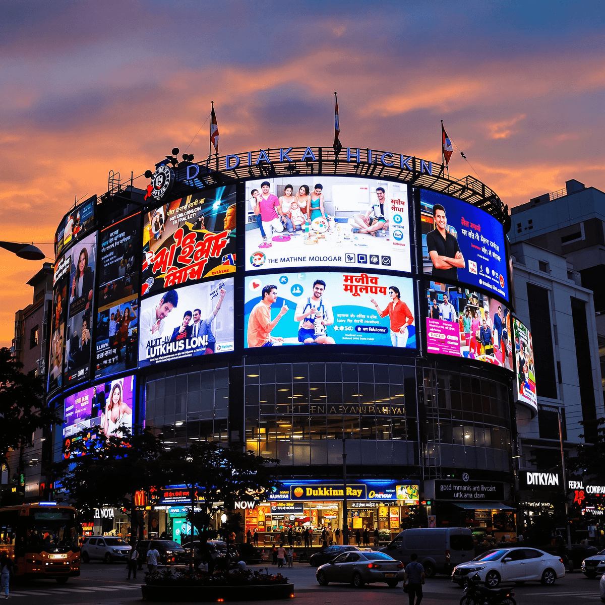 Sunset cityscape of Dhaka with bright billboards and LED screens displaying colorful ads in a busy urban setting.