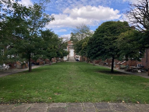 A lawn with trees and a building in the background

Description automatically generated