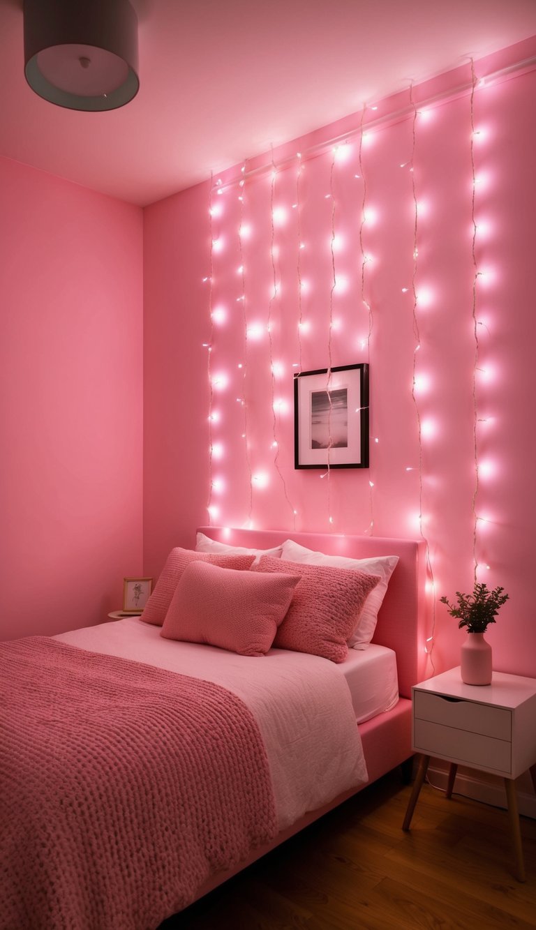 Pink fairy lights drape over a cozy pink bedroom, casting a warm glow on the walls and furniture