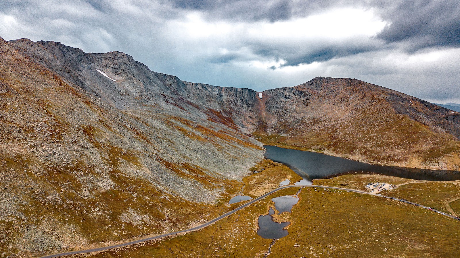 Cycling Mt. Evans - aerial drone photo of Summit Lake