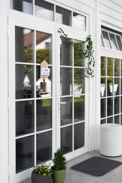 Decorated front door with plant