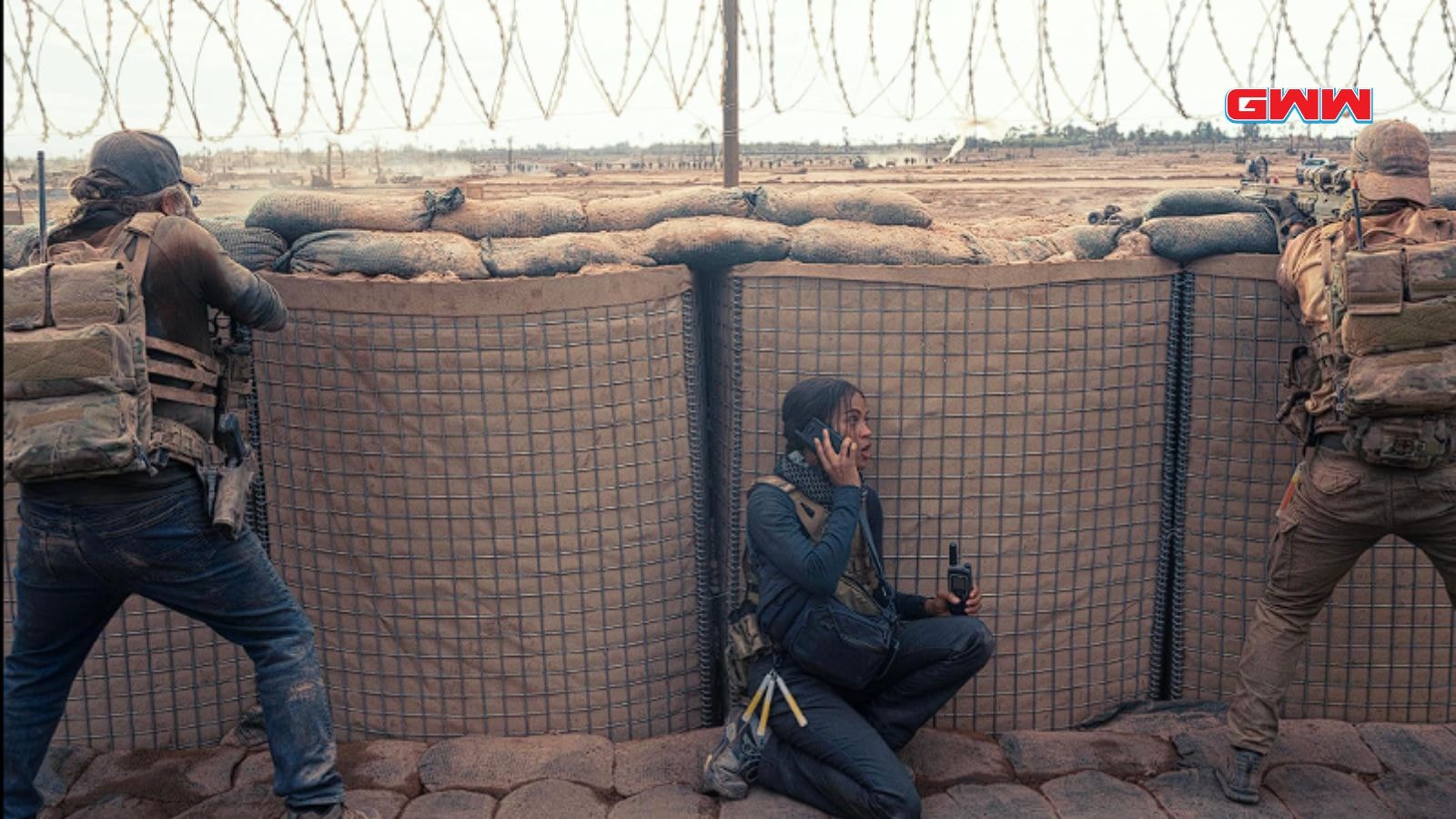 Zoe Saldaña with tactical gear during a tense scene in Special Ops: Lioness