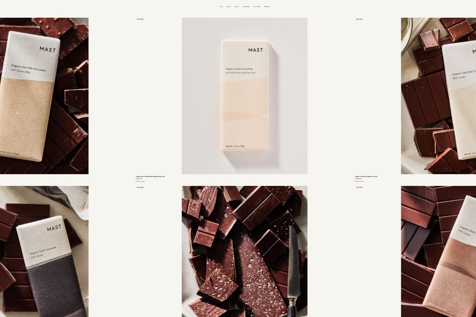 Product grid featuring chocolate bars in various flavors