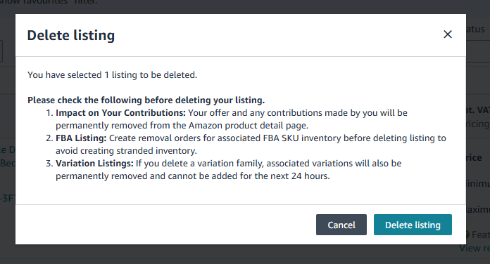 delete single listing confirmation page on seller central