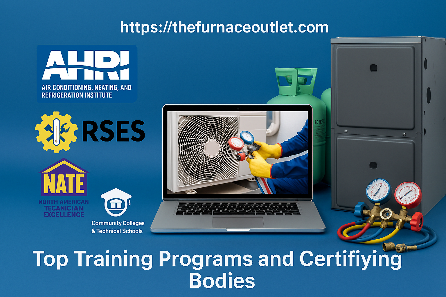 Logos of RSES, NATE, AHRI, and community colleges with a training certificate in the center.