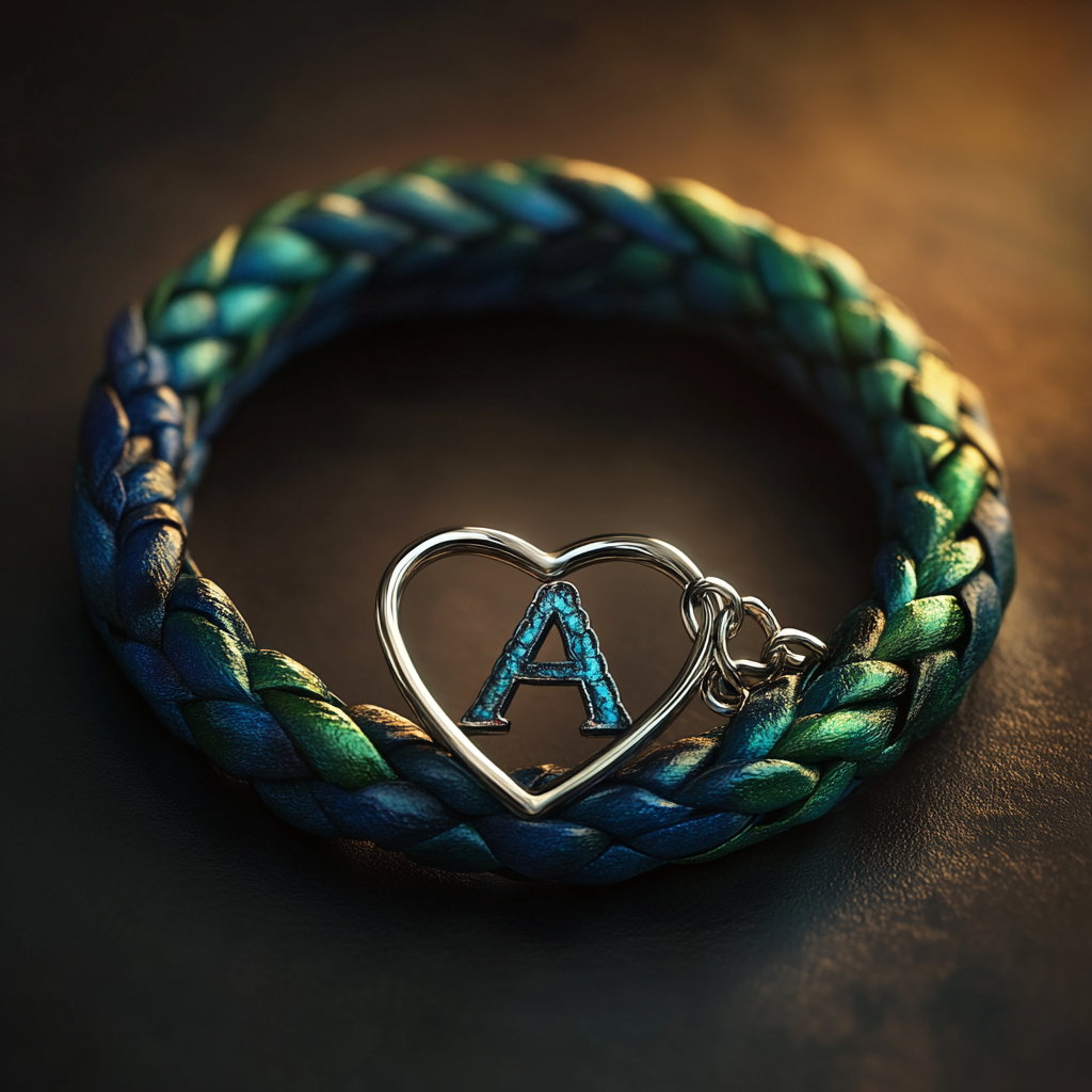 A blue and green braided leather bracelet bearing an initial in a heart-shaped ornament | Source: Midjourney