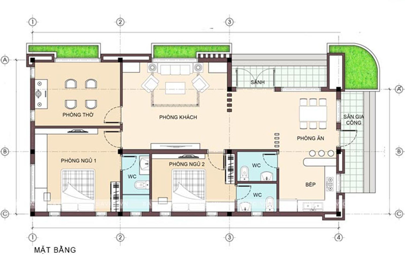 bản vẽ mặt bằng công năng nhà 1 tầng mái bằng 100m2 Xây dựng Nhất Tín