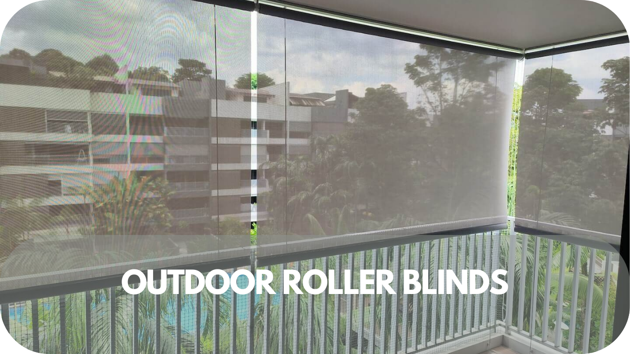 Outdoor roller blinds for protection from sun, wind, and rain.