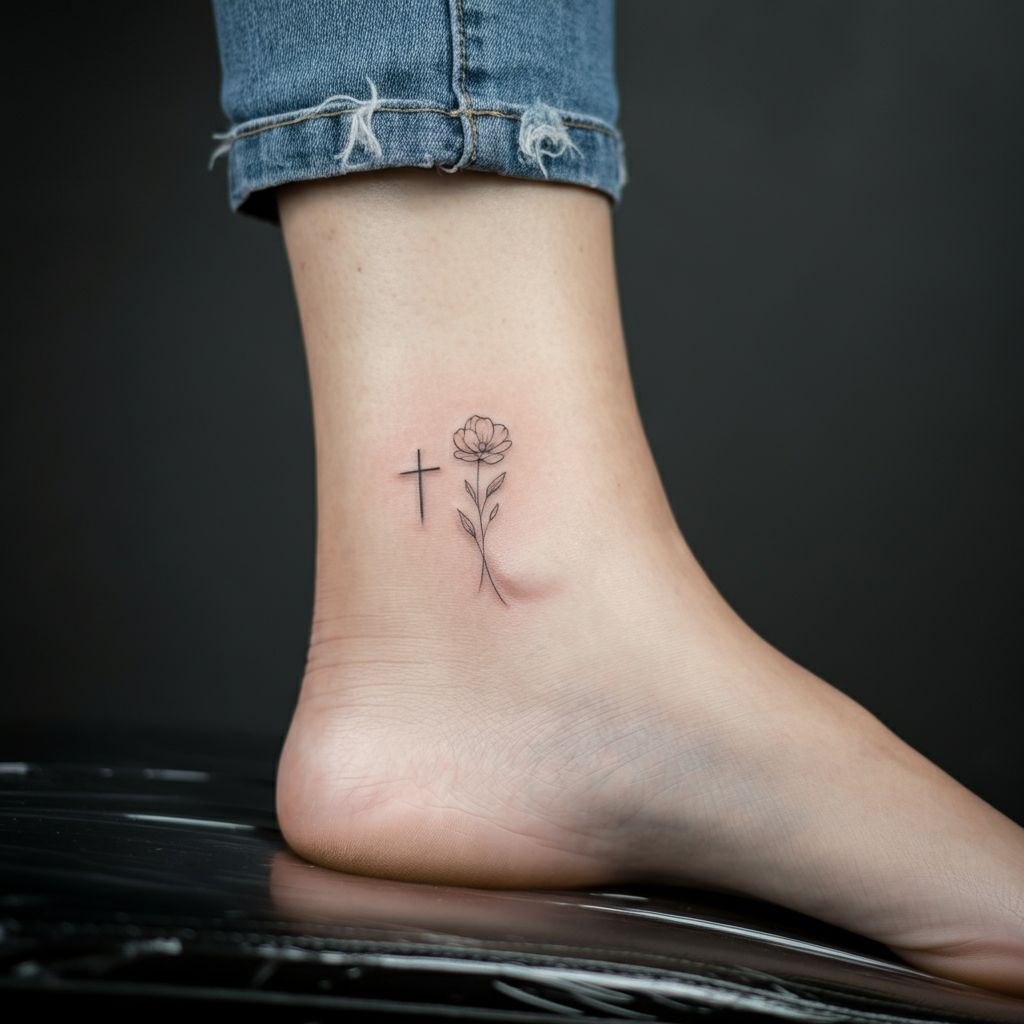 Cross with Flowers Tattoo on foot