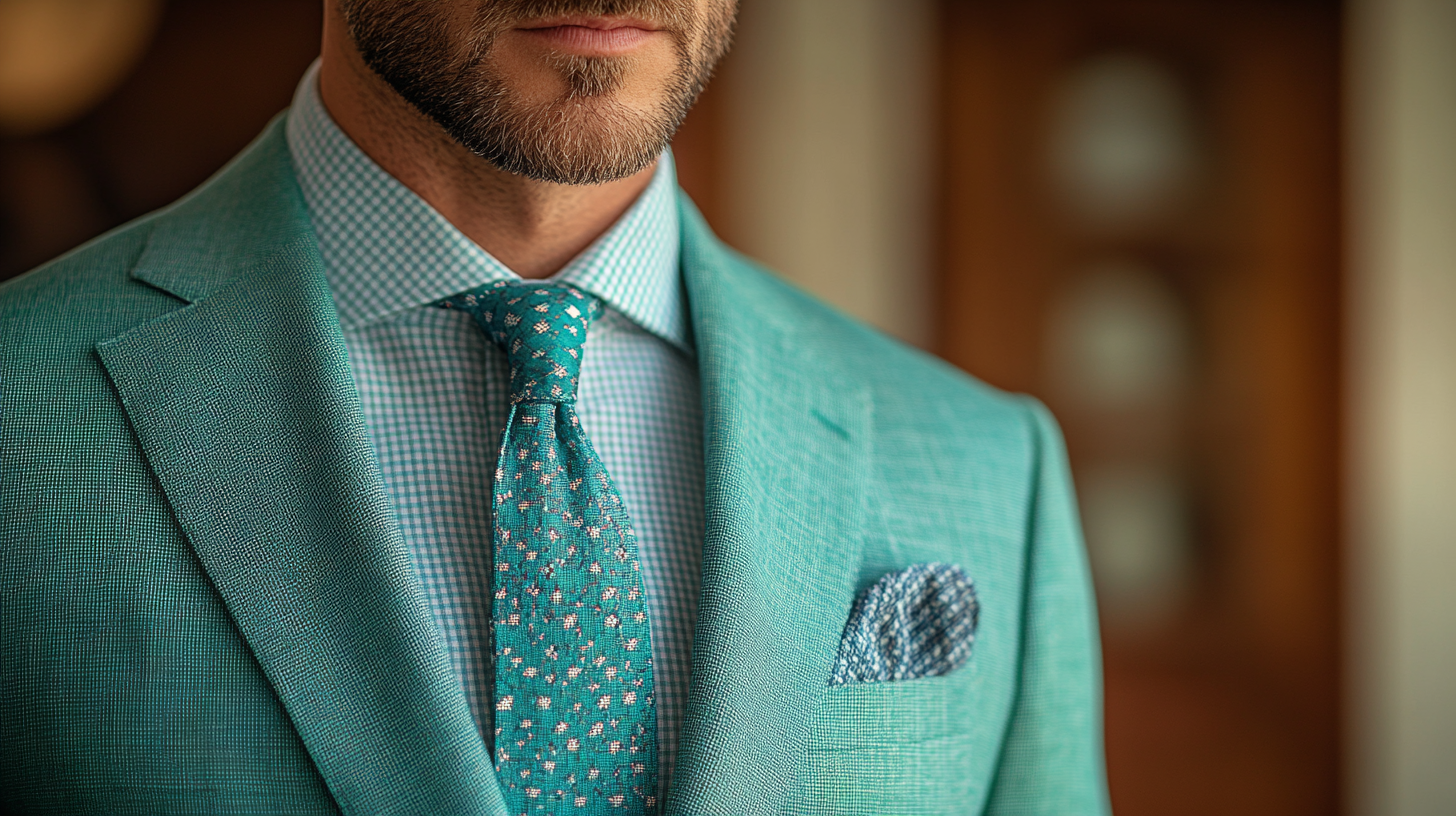 
A tailored green suit paired with a dress shirt featuring subtle patterns, such as small checks or thin stripes in soft colors like white with light blue or gray accents. The look strikes a balance between personality and sophistication, perfect for modern styling. Accessories include a minimalist tie or pocket square that complements the patterned shirt. The background sets a semi-formal indoor environment, like a stylish office or lounge, with warm lighting emphasizing the textures and patterns of the outfit. Focus on the upper body to highlight the interplay of the green suit and patterned shirt