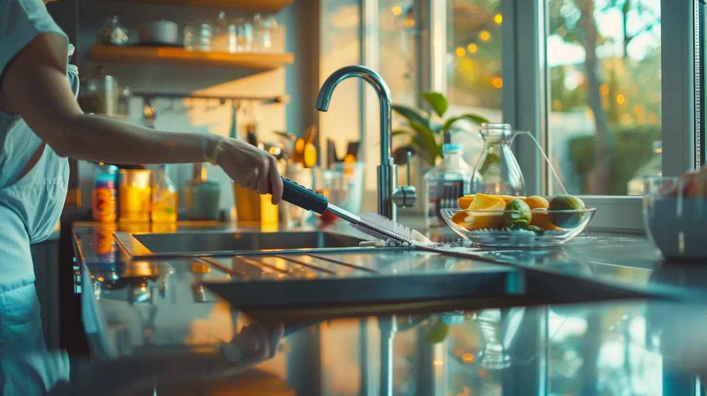 a sleek, modern kitchen showcases a person efficiently cleaning gleaming surfaces and appliances with a squeegee, surrounded by organized cleaning supplies and a well-structured room-by-room cleaning schedule on a nearby countertop.