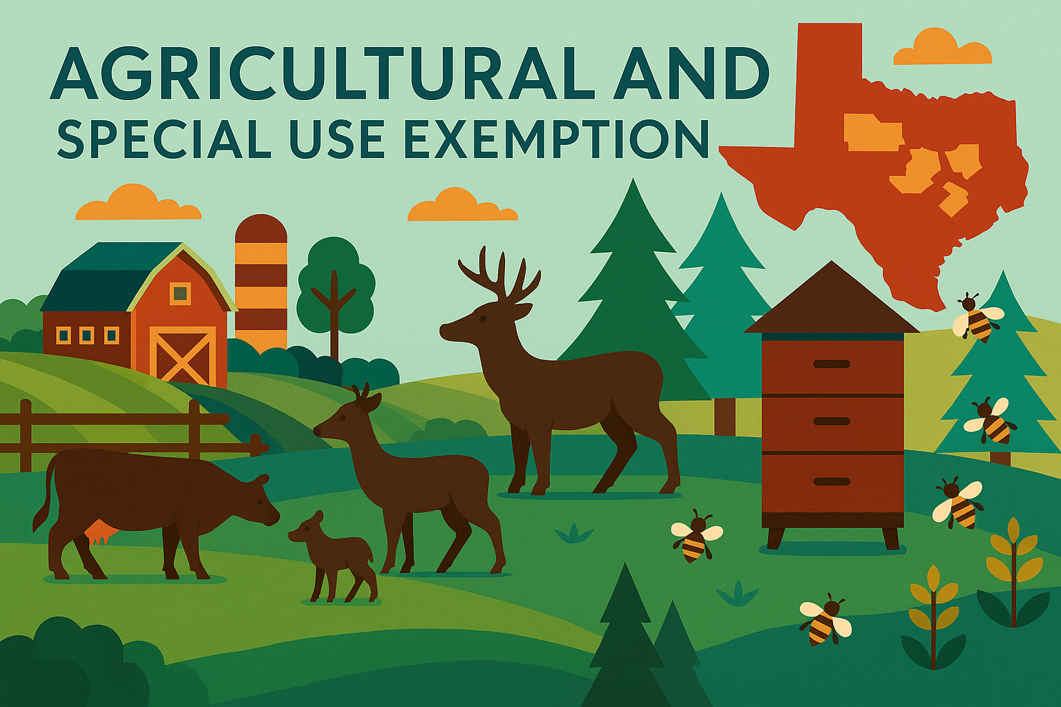 graphic showing farmland, beekeeping, ranching, etc. representing agricultural and special exemptions