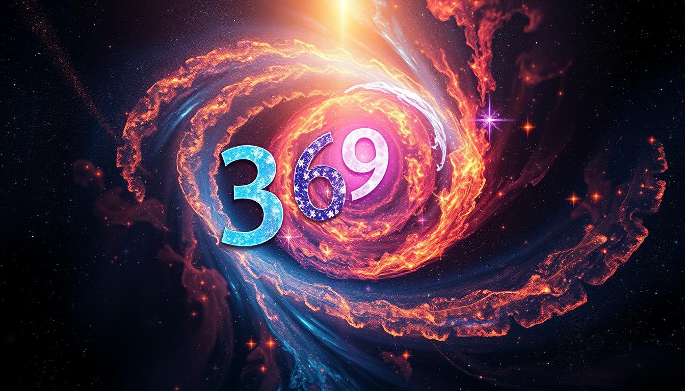 An image of the 369 method in action, with the universe as a central figure. Show the numbers 3, 6, and 9 in bold and vibrant colors, surrounded by swirling cosmic energy and starlight. Make the universe seem powerful and benevolent, radiating a sense of possibility and potential. Use light and shadow to create depth and contrast, drawing the eye to the center of the image. Make it clear that through this method, anything is possible if you ask the universe for it.