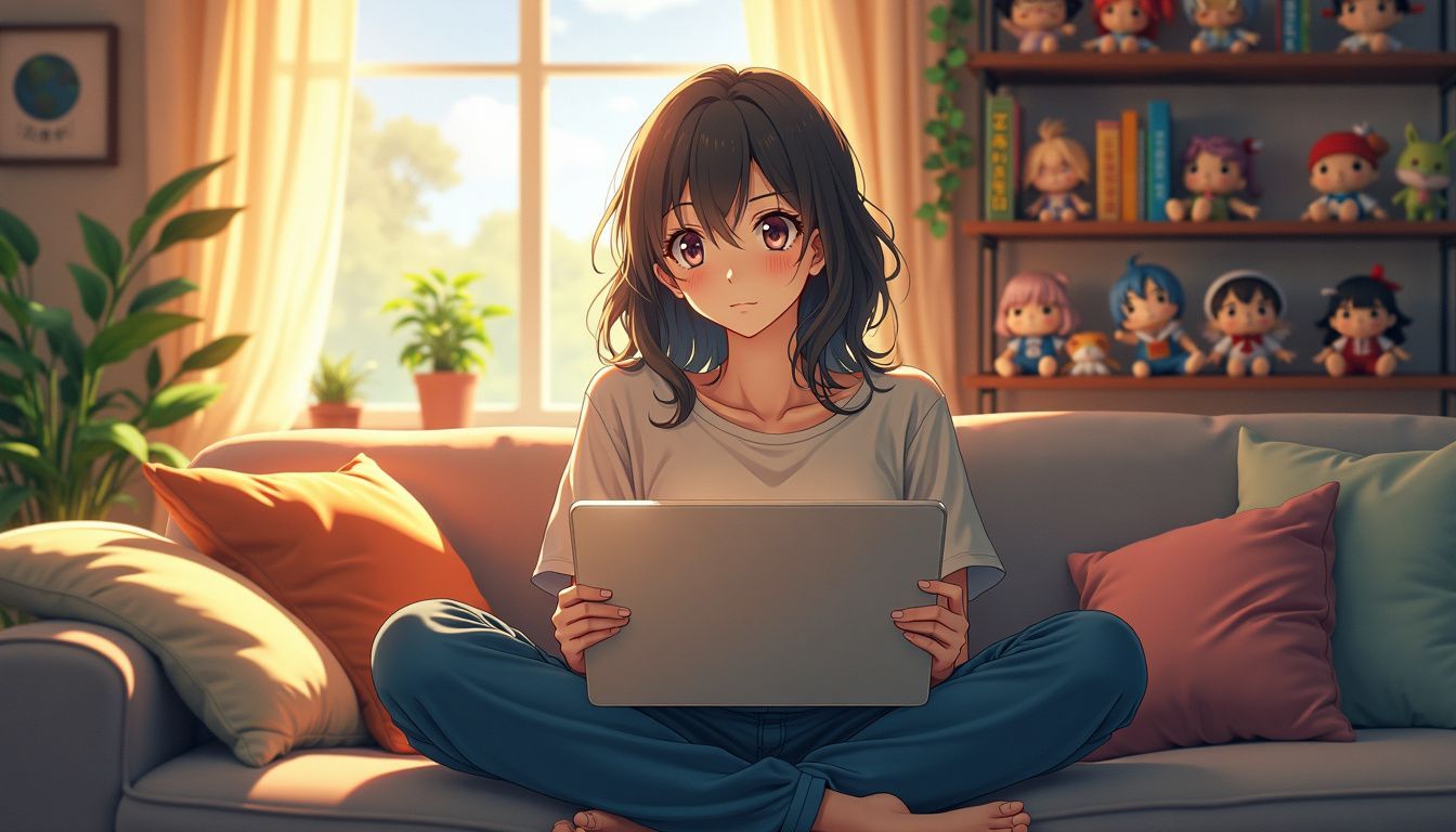 A young woman enjoys watching anime in a cozy living room. A young woman enjoys watching anime in a cozy living room.