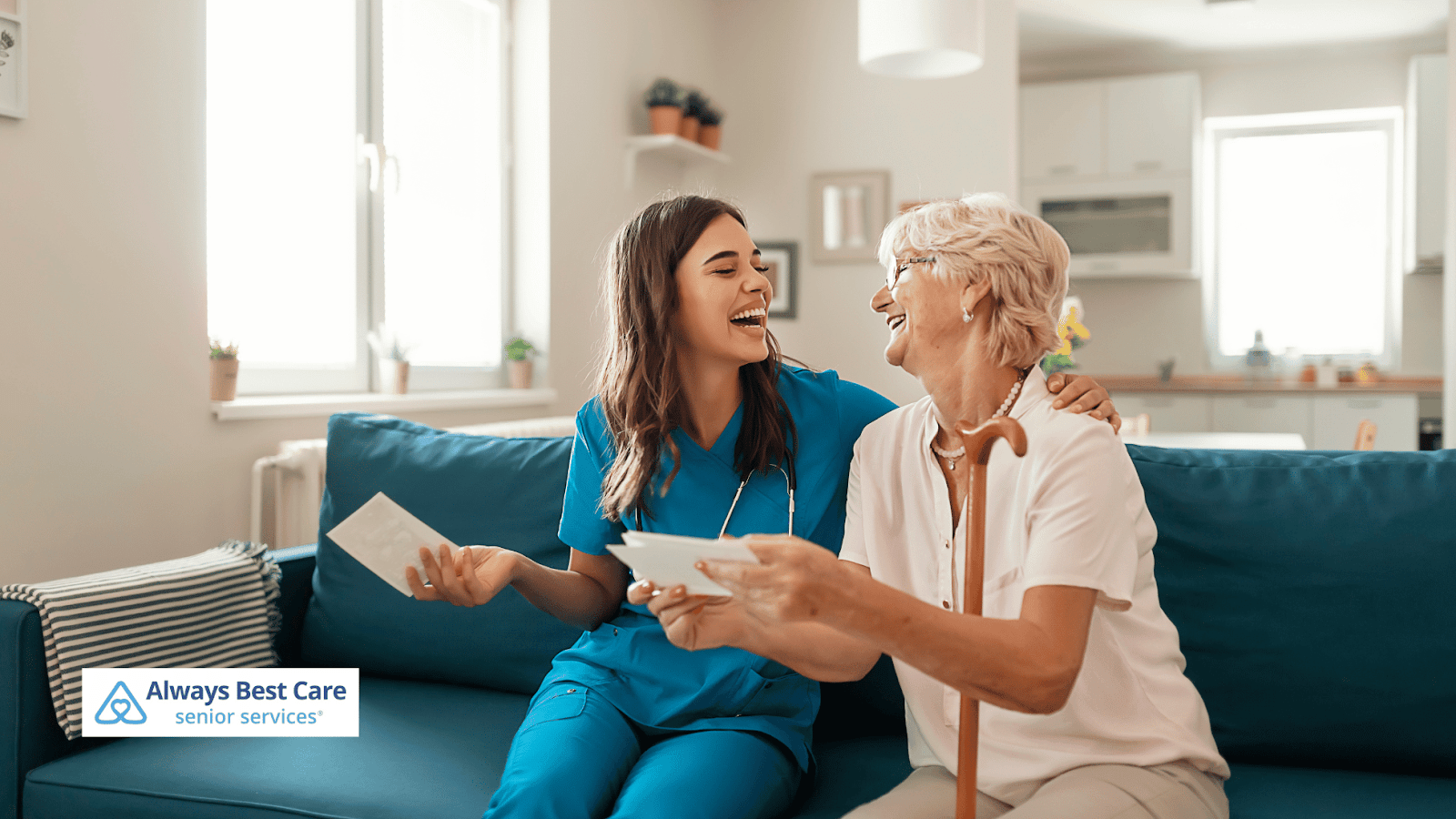 Caregiver and patients spending time together on a couch