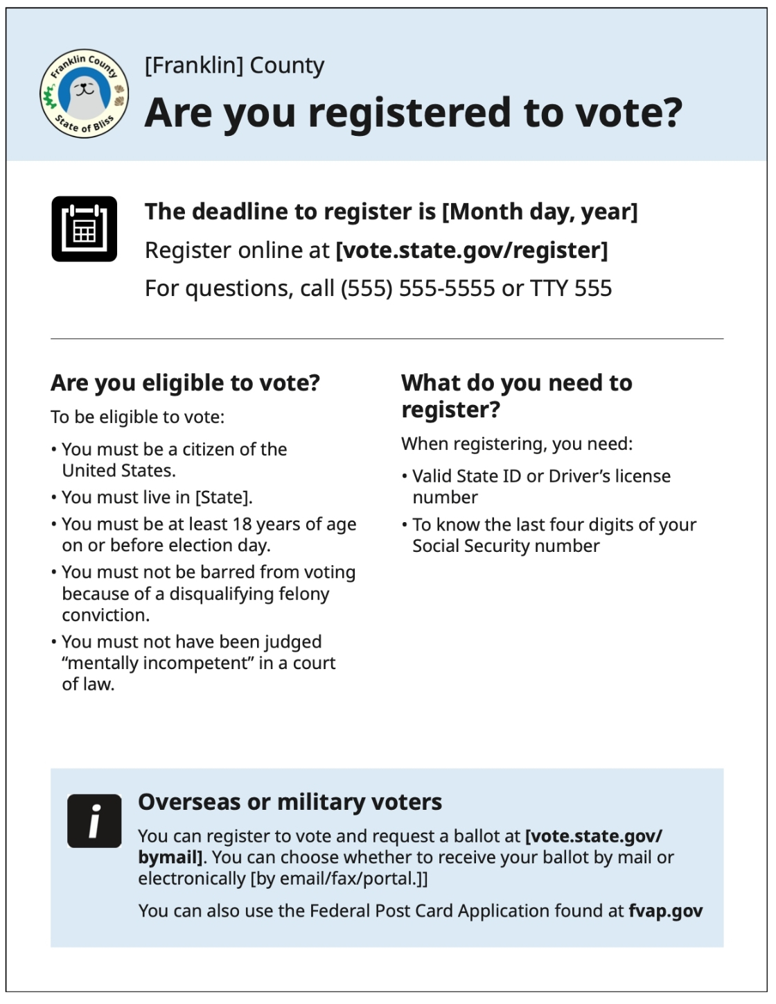 Image of a postcard template reminding people to register to vote. The post reads: Franklin county. Are you registered to vote? The deadline to register is Month, day, year. Register online at vote.state.gov/register. For questions, call 555-555-5555 or TTY 555 

Headlines are: Are you eligible to vote? What do you need to register? Overseas of military voters 