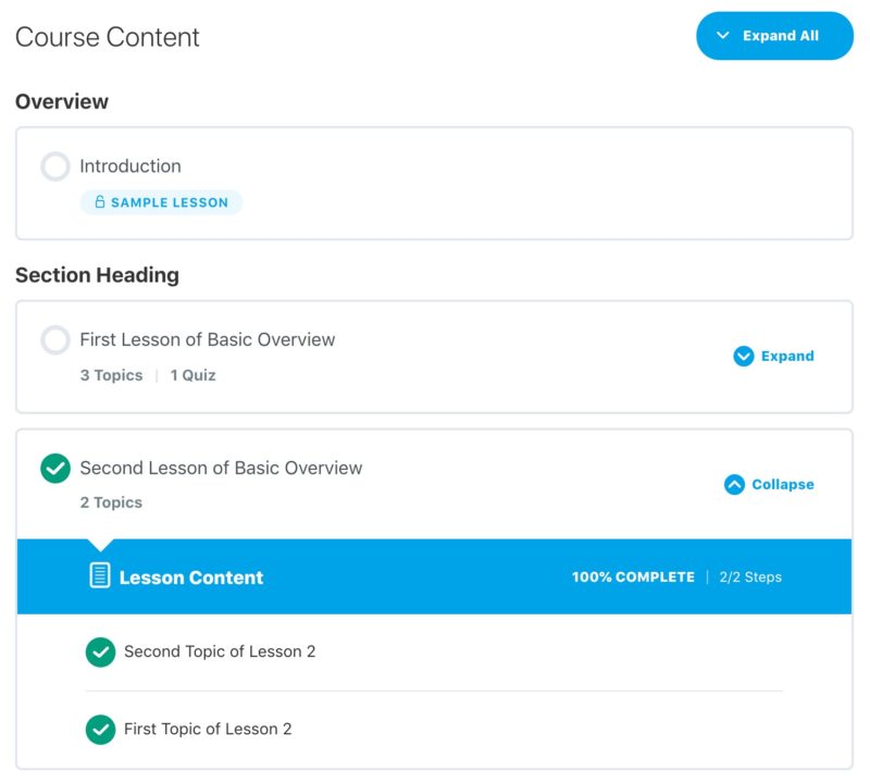 LearnDash course content table, frontend example