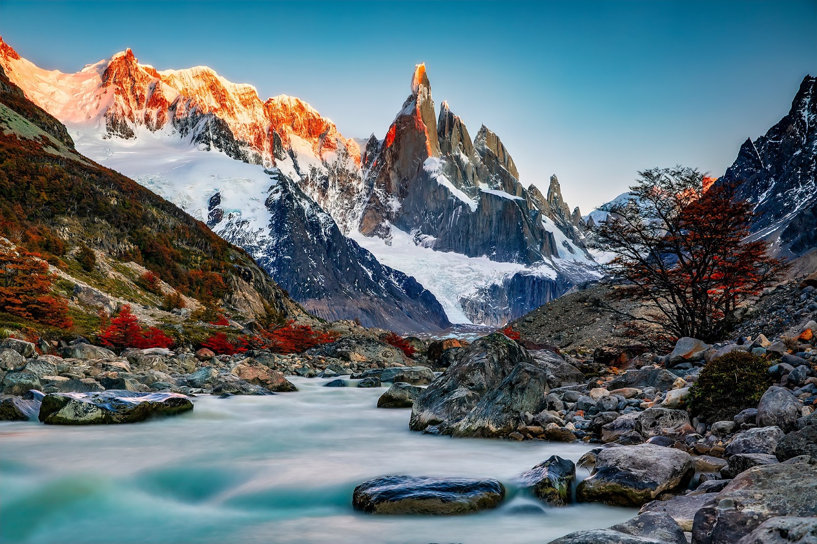 Tall mountains with colorful leaves.