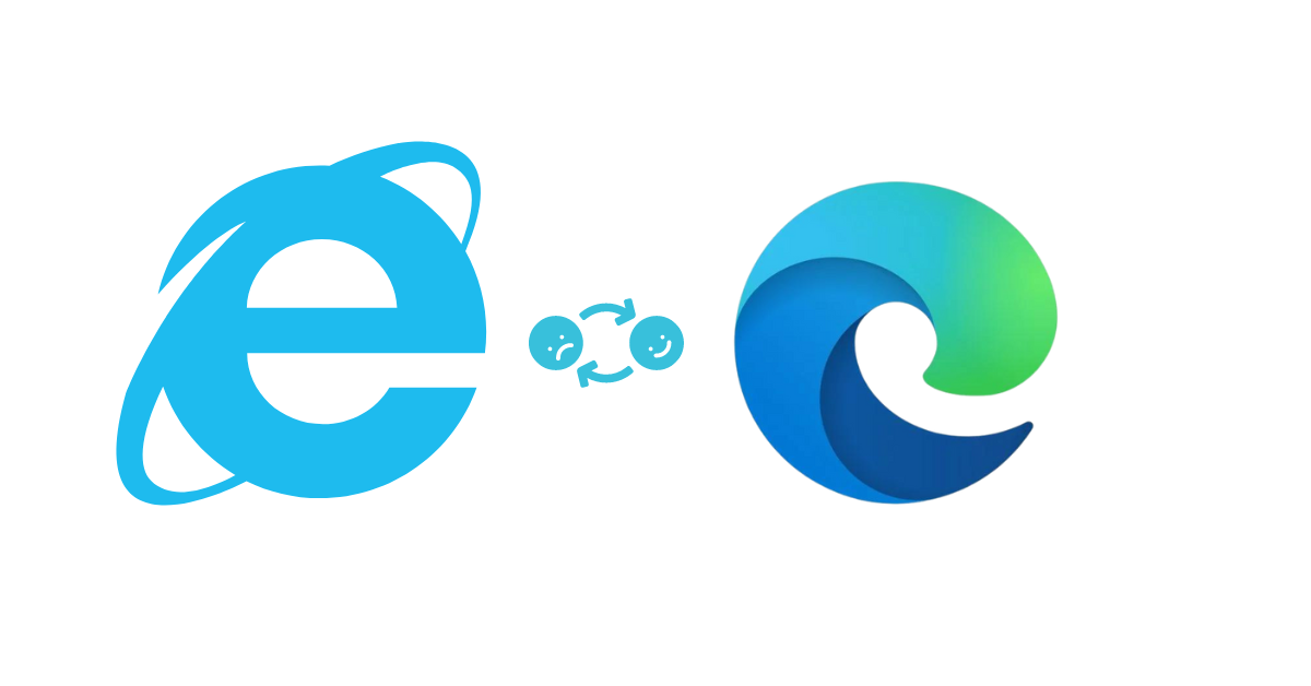 Transition from Internet Explorer logo to Microsoft Edge logo, representing the browser upgrade.