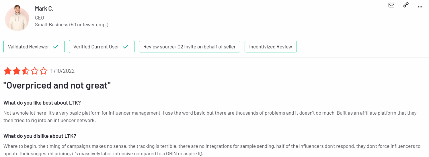 LTK user review on G2
