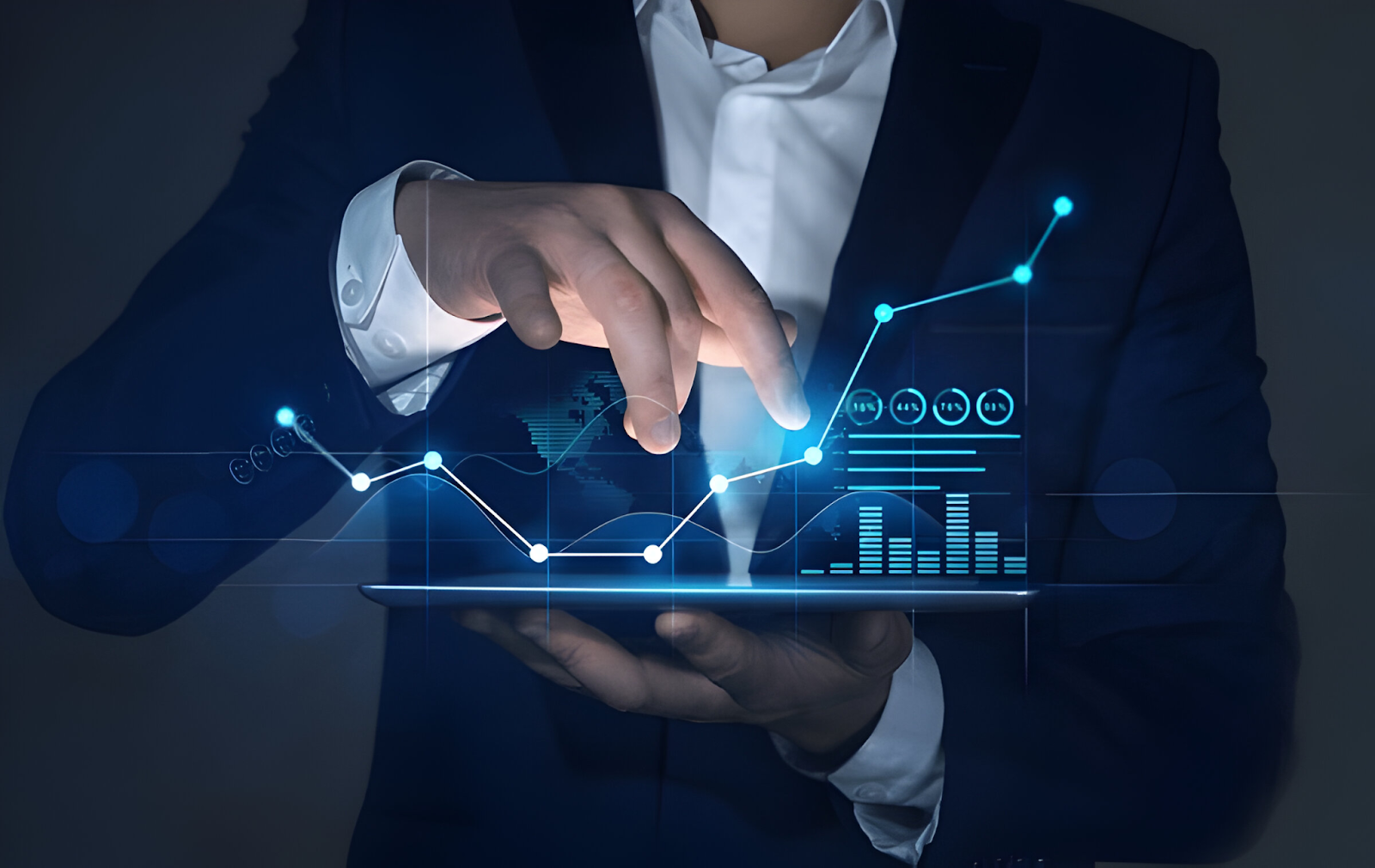 Business professional analyzing digital graphs and charts on a tablet, representing strategic credit management for financial growth.