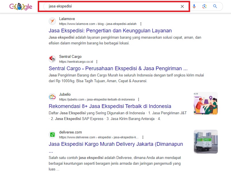 Contoh ketika Memasukkan Keyword ‘Jasa Ekspedisi’ 