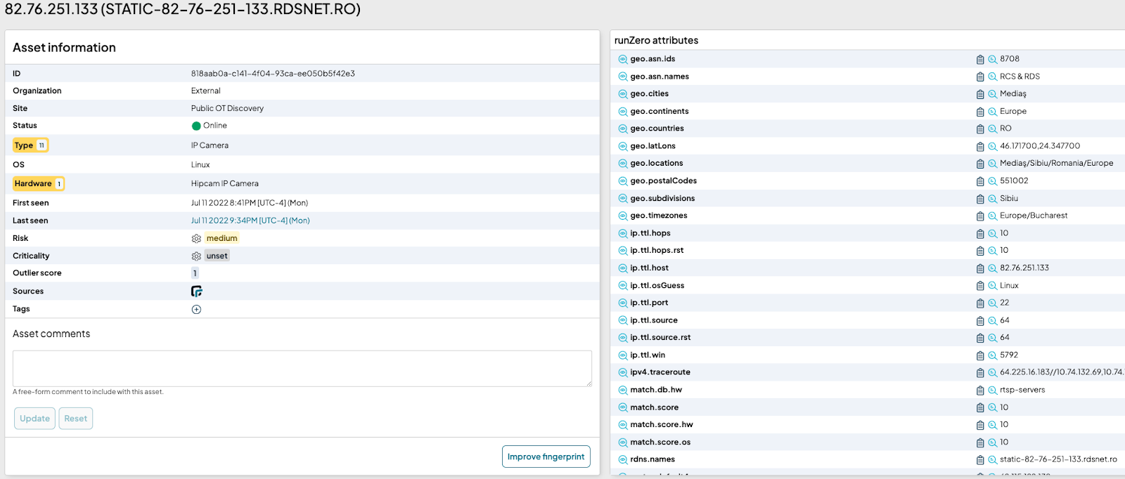 Asset information detected by runZero for IP camera with hostname STATIC-82-76-251-133.RDSNET.RO.