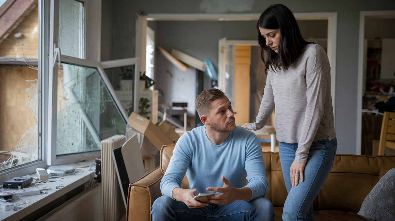 A photo of a couple in their home discussing their insurance claim settlement after a burglary. The man is sitting on a couch and holding a document. The woman is standing and writing notes on a piece of paper. There are broken items, such as a vase and a lamp, on the floor. The background contains a bookshelf and a plant.