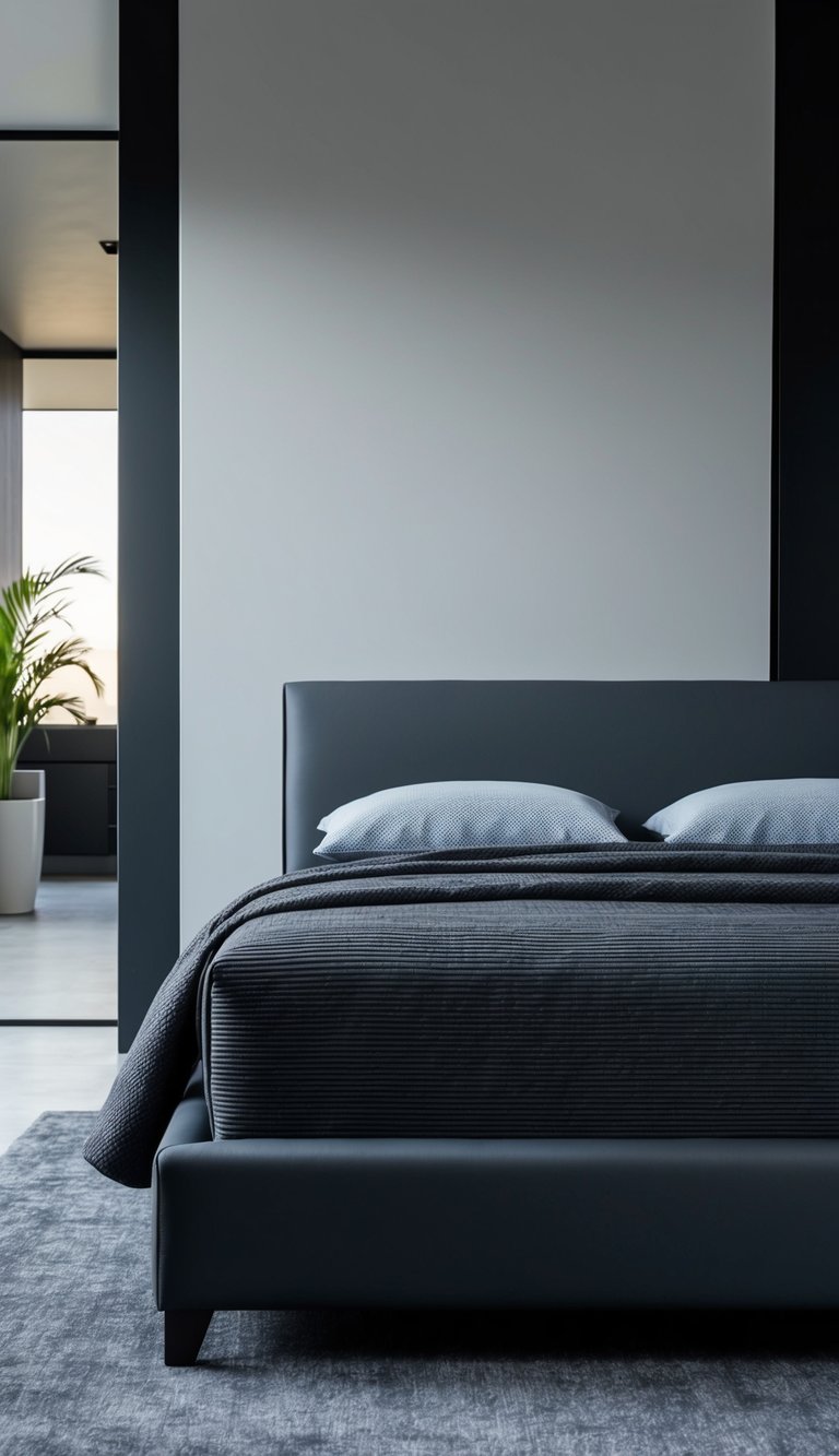 A dark gray bed frame stands in a sleek, modern bedroom with a color scheme of black and gray