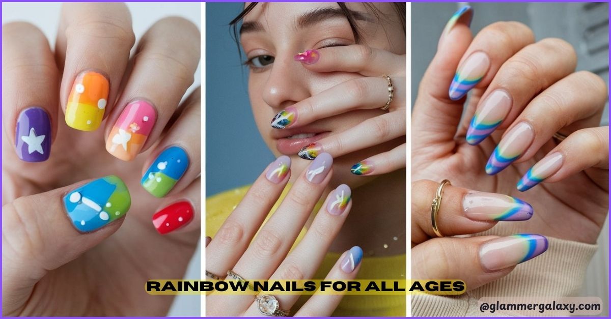 Multicolored manicured nails with various rainbow designs.