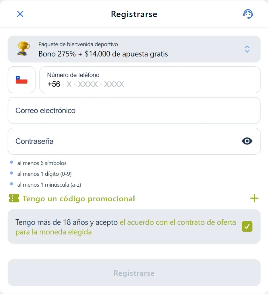 Formulario de registro de Jugabet app