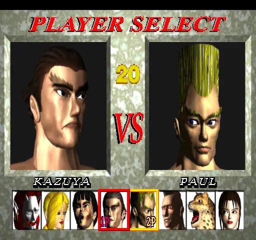 Tangkapan layar Tekken 1 yang menunjukkan Kazuya dan Paul di layar pemilihan pemain