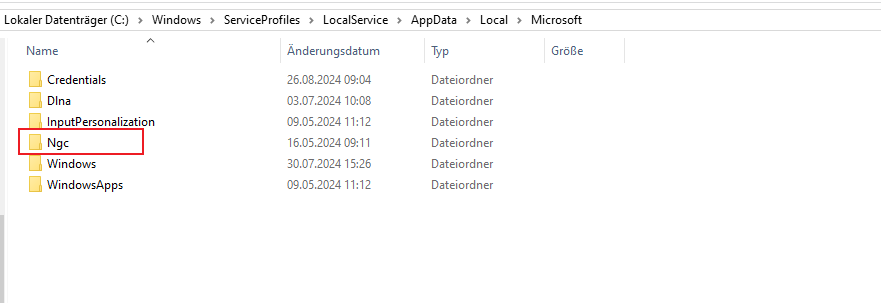 Ngc-Ordner löschen, wenn Windows PIN nicht verfügbar ist