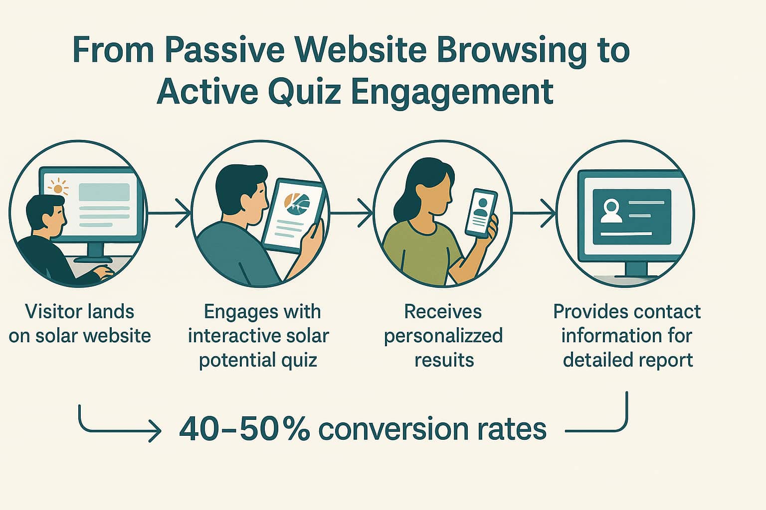 Interactive solar quiz engagement process showing how quizzes transform passive website visitors into qualified solar leads with higher conversion rates.