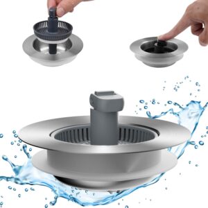 Hibbent Upgraded 3 in 1 Kitchen Sink Drain Strainer and Stopper Combo, Stainless Steel Metal Pop Up Sink Stopper, Anti-Clogging Basket with Foldable Handle for US Standard 3-1