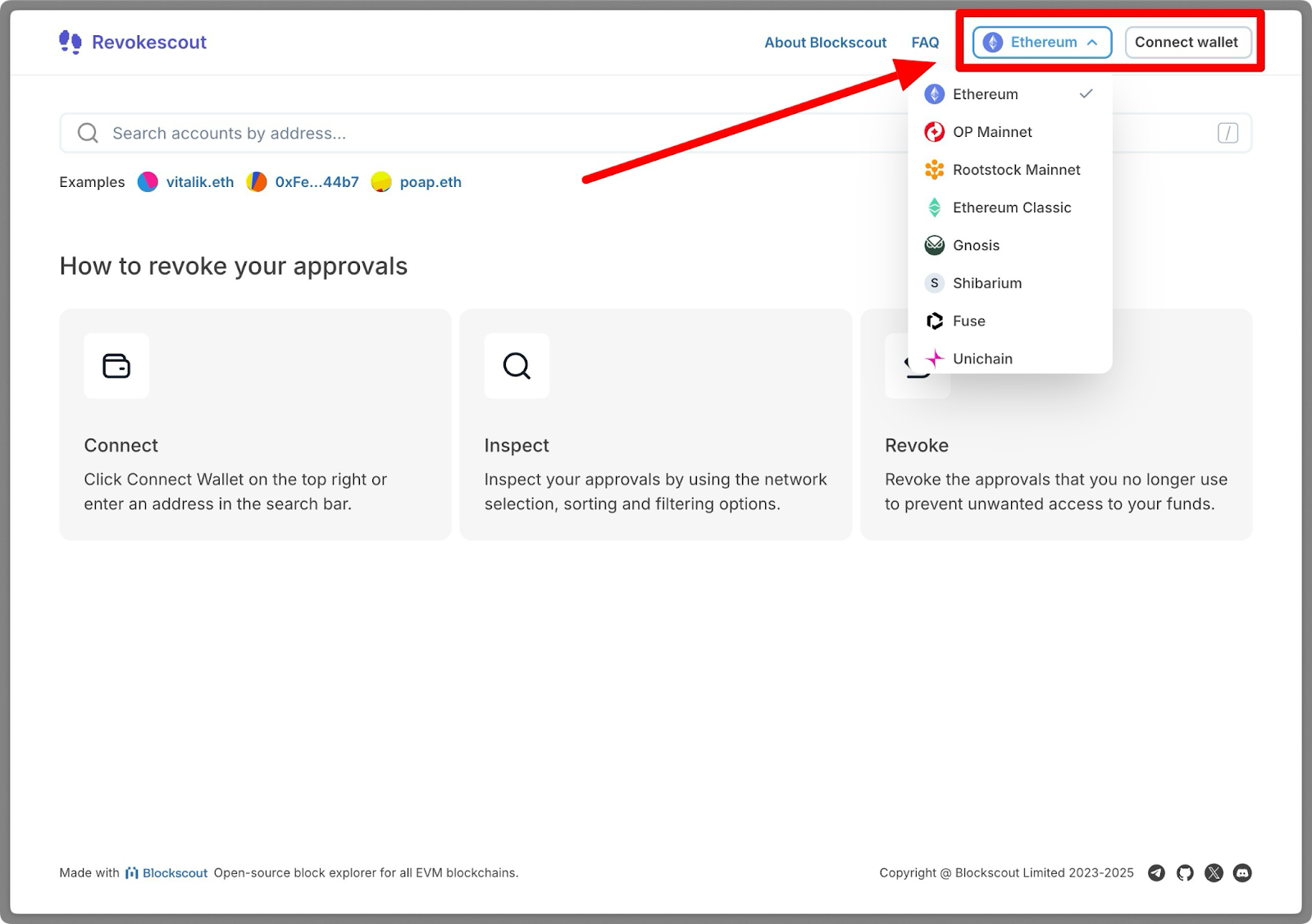 Revokescout interface showing how to connect wallet and select blockchain network for revoking token approvals on EVM chains like Ethereum, OP Mainnet, and Gnosis