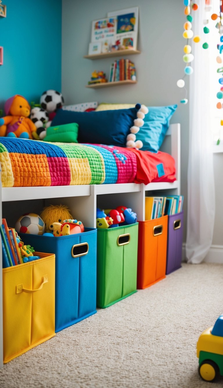 Colorful under-the-bed storage bins filled with toys and books in a tidy kids bedroom