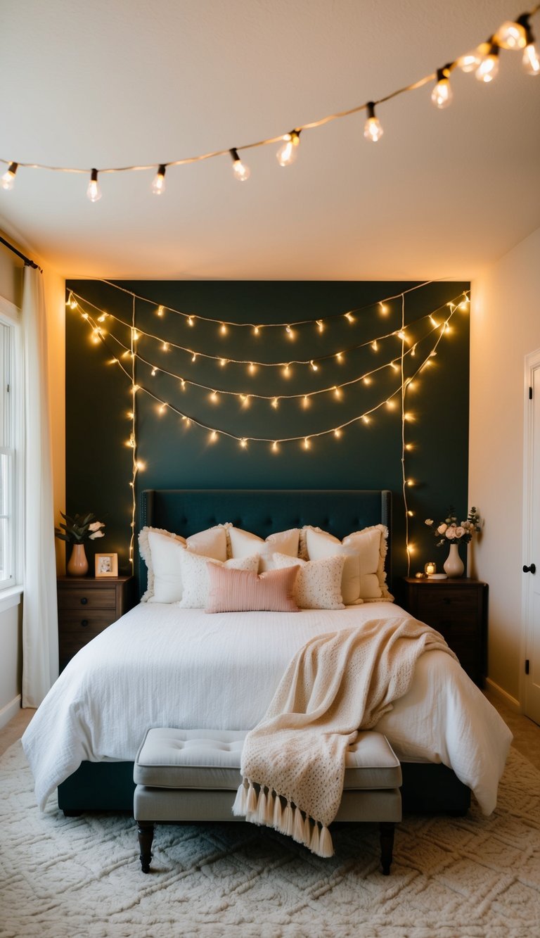 A cozy master bedroom with string lights draped around the headboard and soft, romantic decor