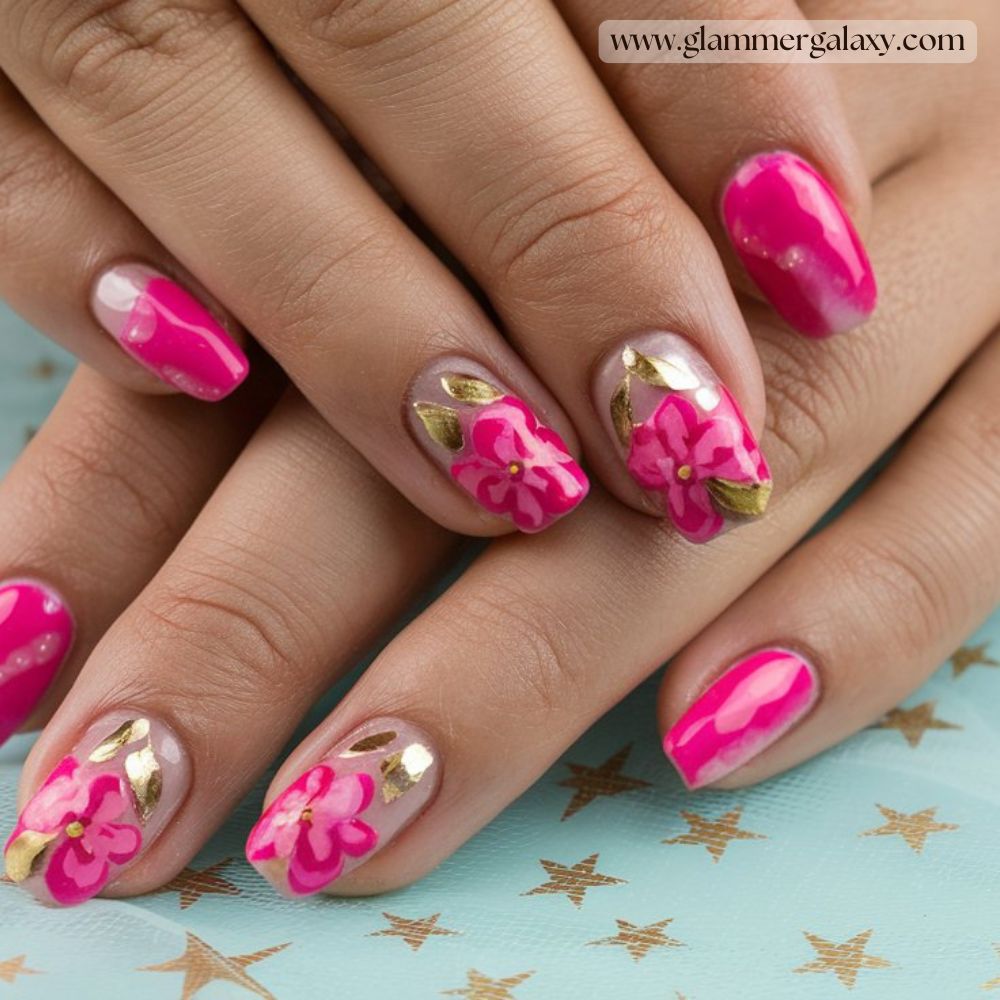 Hot summer nails having Hot pink + gold