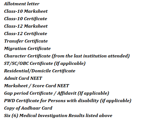 Documents Required for MBBS Admission at Zoram Medical College