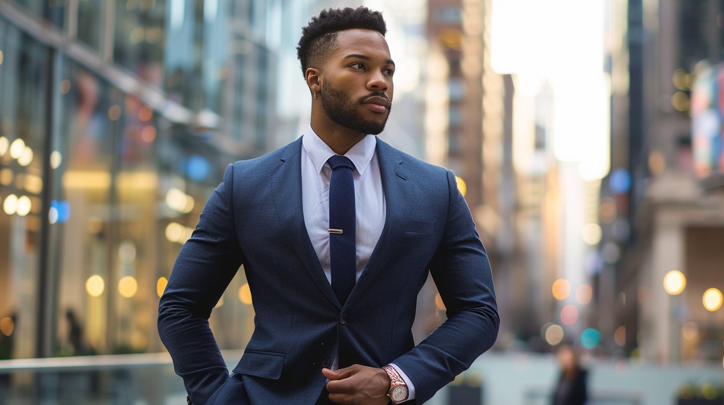 Man dressed in a modern fit suit with a tailored but comfortable cut, blending structure and ease, styled for a semi-formal setting like a business casual office or upscale event