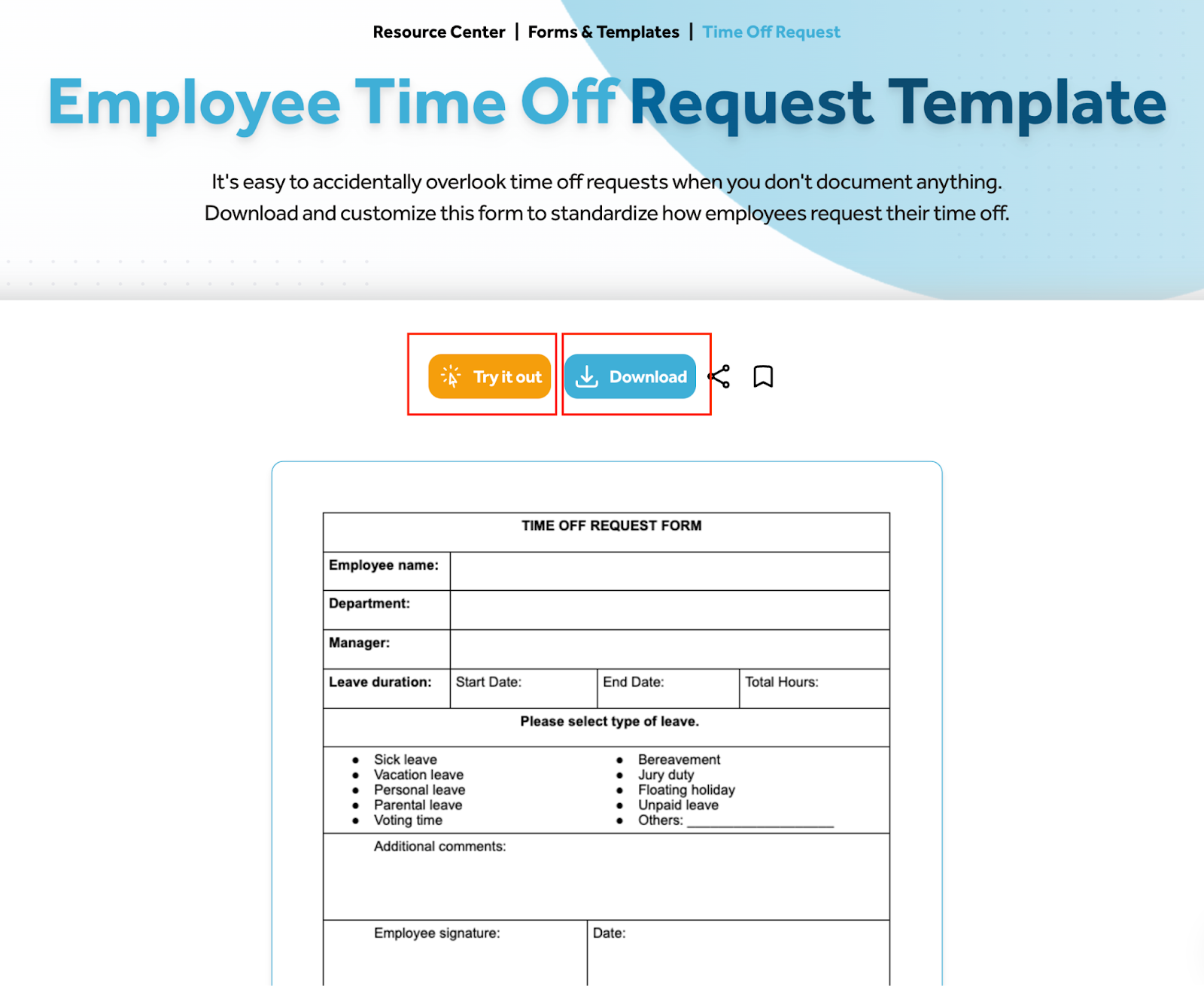 Workforce's ungated employee time off request template screenshot