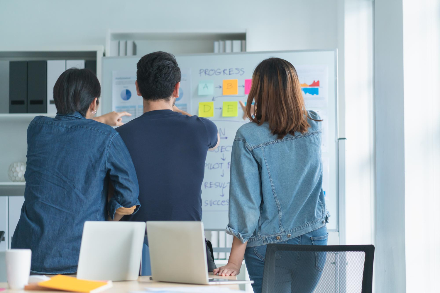 A team collaborating effectively around a project board, showing one of the key types of workplace ergonomics focused on processes.