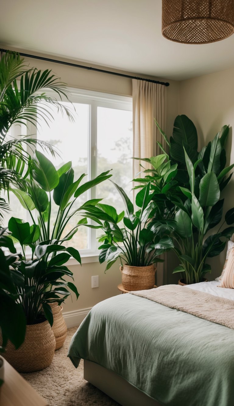 A cozy guest bedroom filled with lush tropical house plants, creating a serene and inviting atmosphere