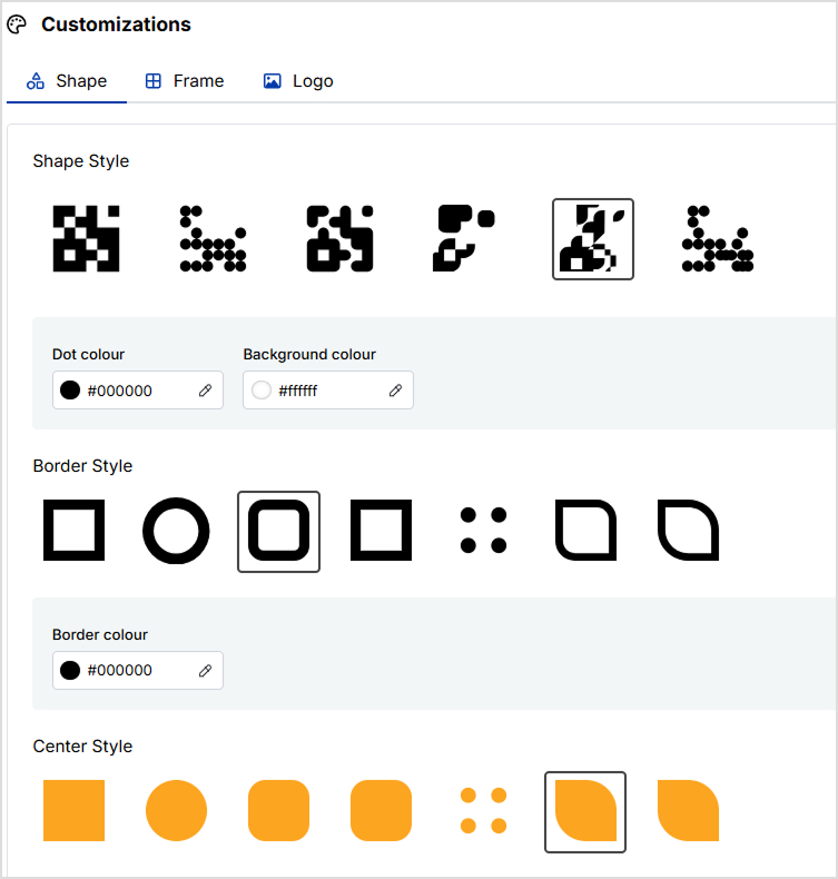 select shape, border or color of your QR code