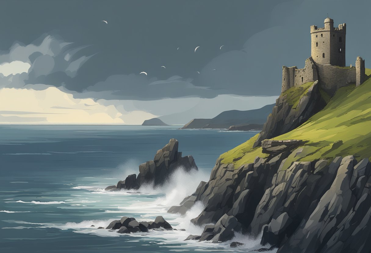 Kinbane Castle perched on a cliff with rugged coastline, crumbling walls, and a lone tower against a stormy sky