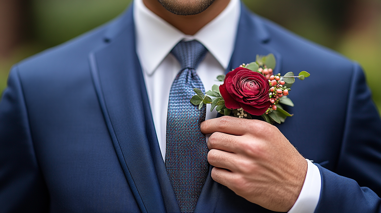 
A groom wearing a tailored navy blue wedding suit, paired with a bold red or light blue tie for a striking yet polished look. The contrast adds a touch of personality without overpowering the classic elegance of the suit. The ensemble features a crisp dress shirt, sharp lapels, and a modern fit, creating a refined wedding style. The groom adjusts his tie or jacket, exuding confidence and sophistication. The softly blurred background suggests a luxurious wedding venue with warm, ambient lighting. Photorealistic, ultra-HD, cinematic lighting