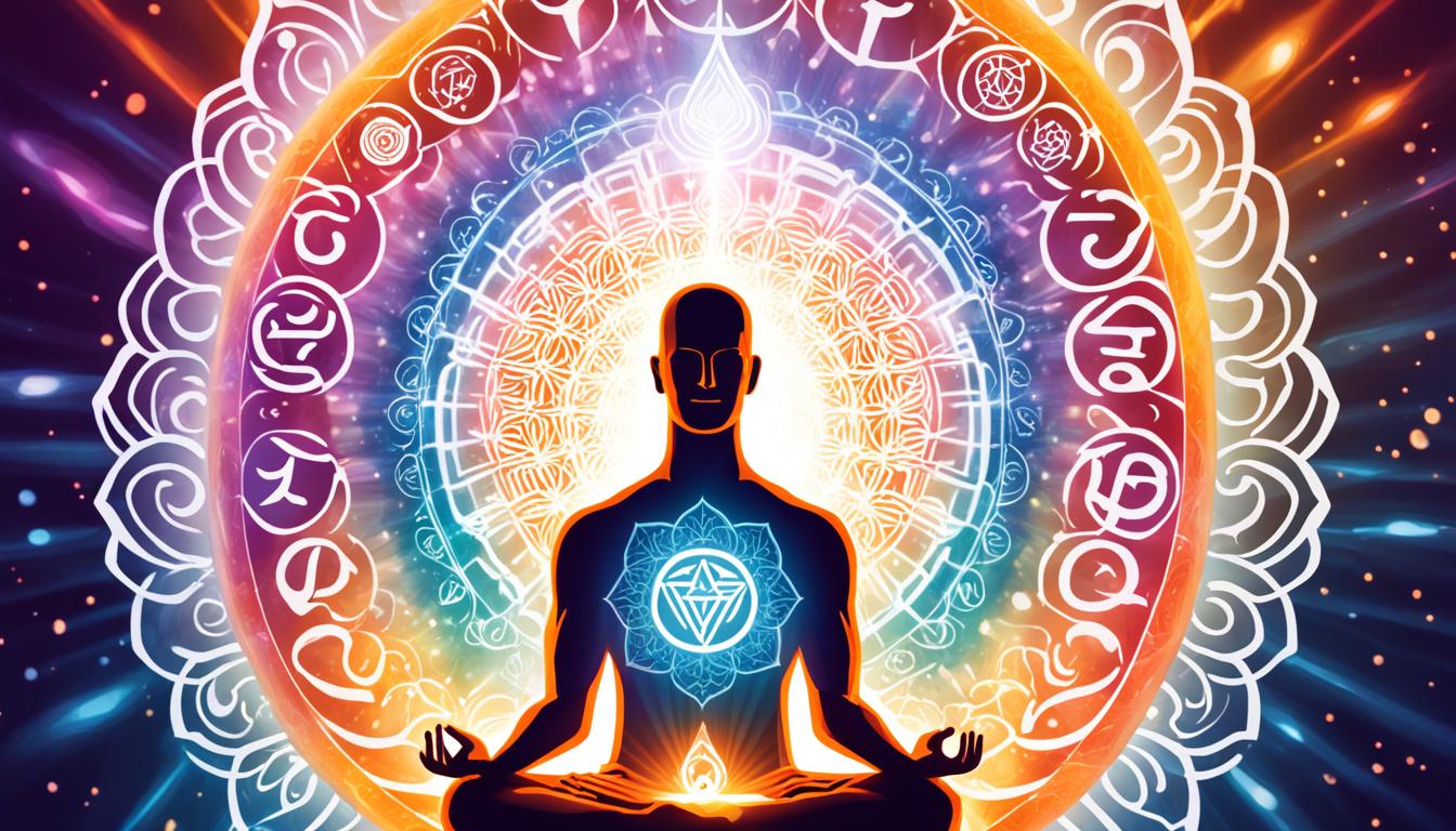 An image of a person meditating in front of a brightly glowing mantra. The mantra should appear to be made of light, and have a powerful, pulsing energy. Surround the person with floating words and symbols that represent the power of the mantra, including spirals, lotus flowers, and sacred geometry. The overall feeling of the image should be one of peace, calm, and spiritual empowerment.