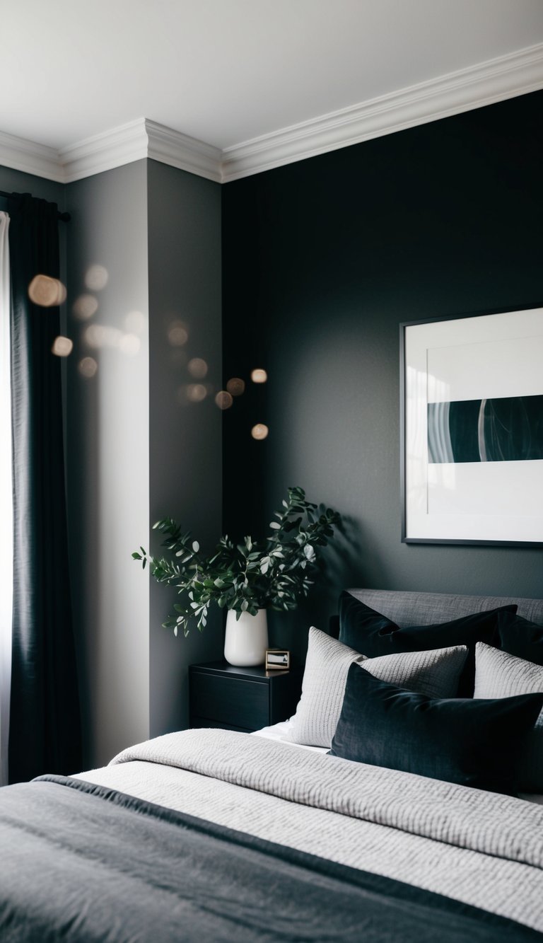 A cozy bedroom with black and gray decor, featuring dark furniture, soft bedding, and minimalistic artwork on the walls