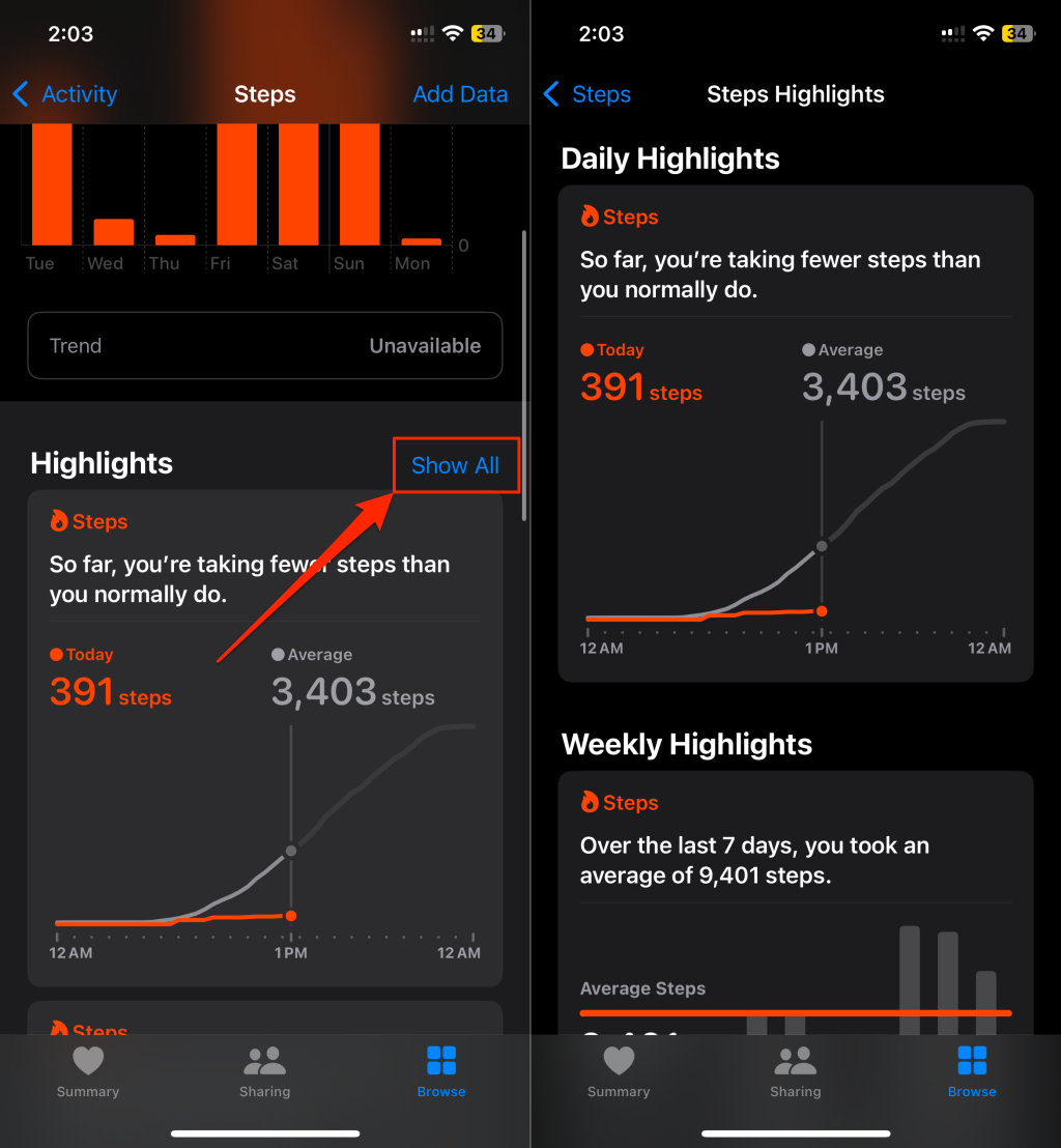 Steps to view Steps Highlight in the iPhone Health app